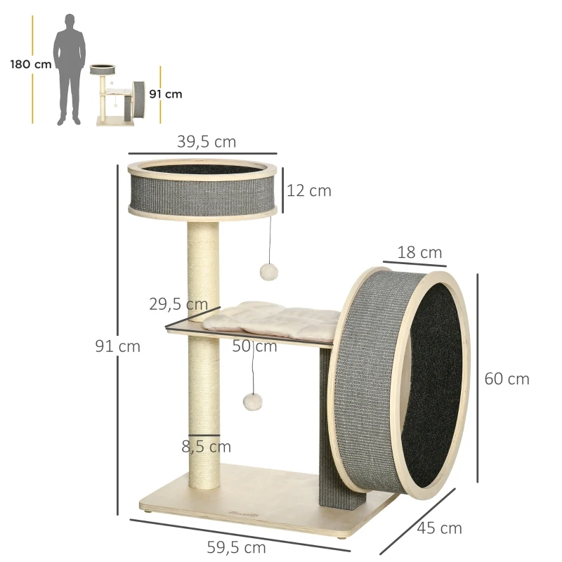 PawHut Árvore Arranhador para Gatos Médios Altura 91cm Torre de Escalada Gatos com Roda para Exercitar Cama Plataforma Almofadas Poste de Sisal e Bolas de Brinquedo Cinza e Creme
