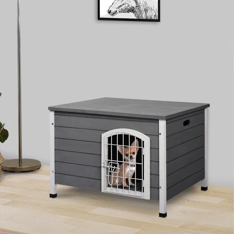 PawHut Casa para Cães de Madeira Gaiola para Animais de Estimação com Porta de Arame com Fechadura e Alças Ocas Laterais para Interior e Exterior 80x55x53,5cm Cinza