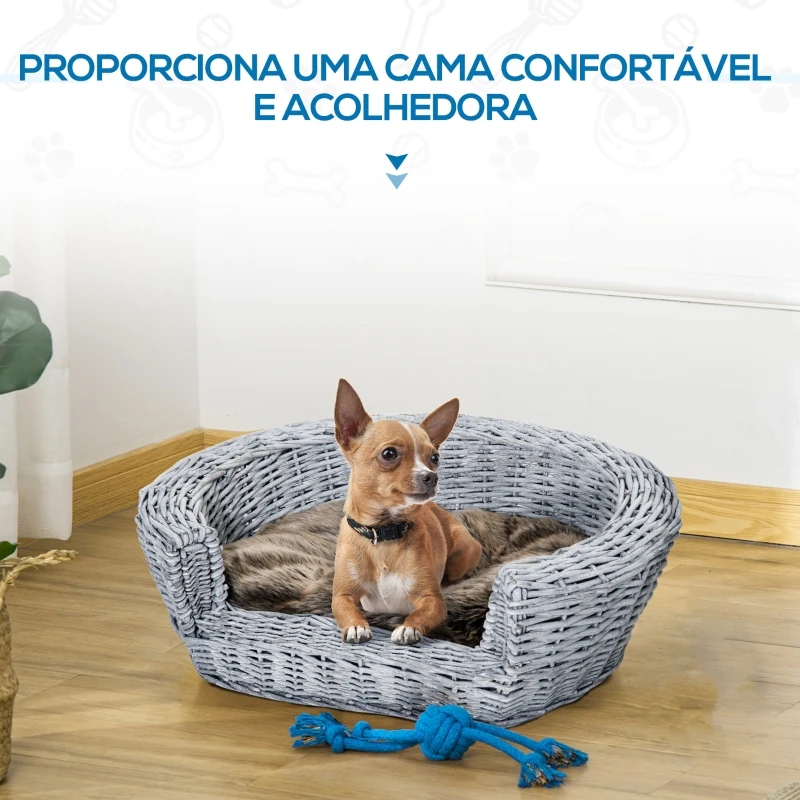 PawHut Cama para Cães de Vime Cama de Vime para Gatos Cães com Almofada Lavável 57x46x17,5cm Cinza