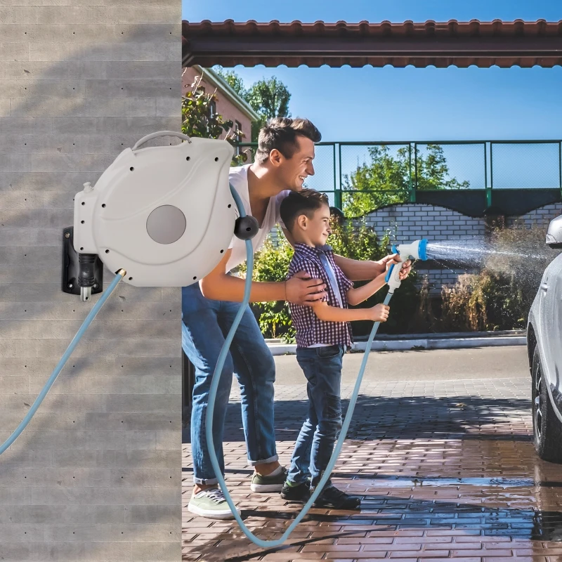 Outsunny Enrolador de Mangueira de Jardim 15,1M+1,5M Mangueira de Rega Montada na Parede Enrolador Automático com 9 Modos de Pulverização 180° Giratório 42,5x20x38cm Cinza