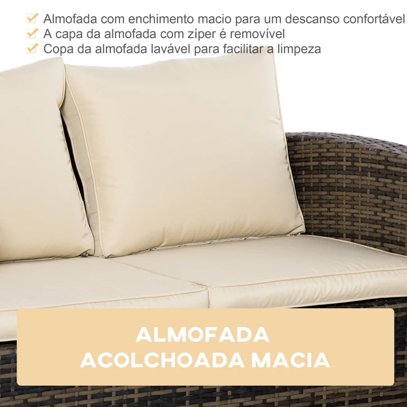 Outsunny Conjunto de Móveis de Jardim de Vime 6 Peças Sofá Duplo de 3 Lugares 2 Poltronas Individuais 2 Mesas Auxiliares com Armazenamento e Almofadas Marrom e Creme