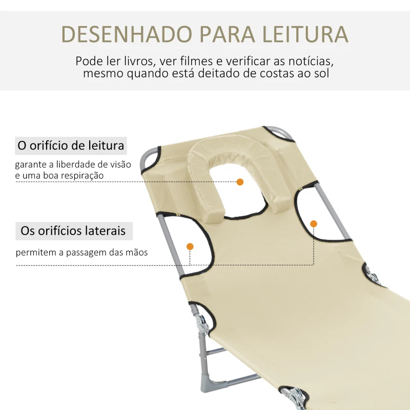 Outsunny Espreguiçadeira de Jardim Reclinável e Dobrável com Orifício de Leitura Apoio para Cabeça e Encosto Ajustável em 4 Níveis para Praia 182x56x24,5 cm Bege