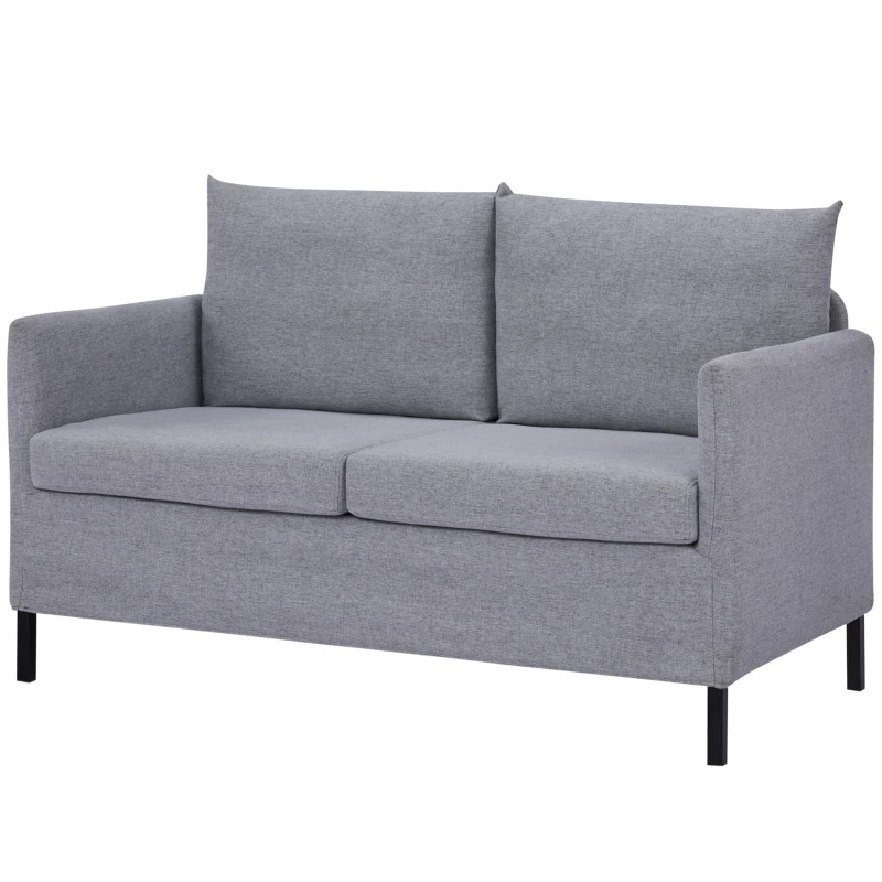 HOMCOM Sofá de 2 Lugares Estofado em Linho Sintético Sofá 2 Lugares de Sala de Estar com Almofadas Acolchoadas Apoio para os Braços e Pés de Aço 130x67x76,5cm Cinza