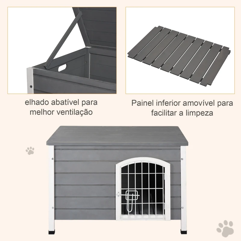 PawHut Casa para Cães de Madeira Gaiola para Animais de Estimação com Porta de Arame com Fechadura e Alças Ocas Laterais para Interior e Exterior 80x55x53,5cm Cinza