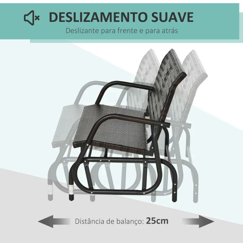 Outsunny Banco Baloiço de Vime de 2 Lugares Baloiço de Jardim com Balanço Ergonómico e Estrutura de Metal para Terraço Balcão Exterior Carga 220kg 70x120x84cm Marrom
