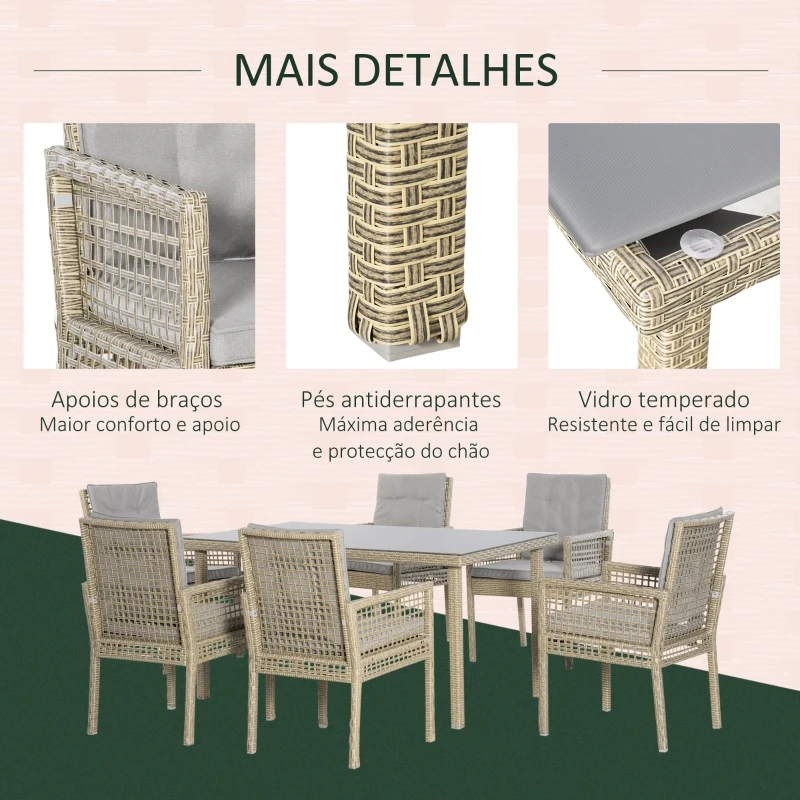 Outsunny Conjunto de Jardim Refeição de 7 Peças com 1 Mesa de Vidro e 6 Cadeiras de Vime Cinza e Natural