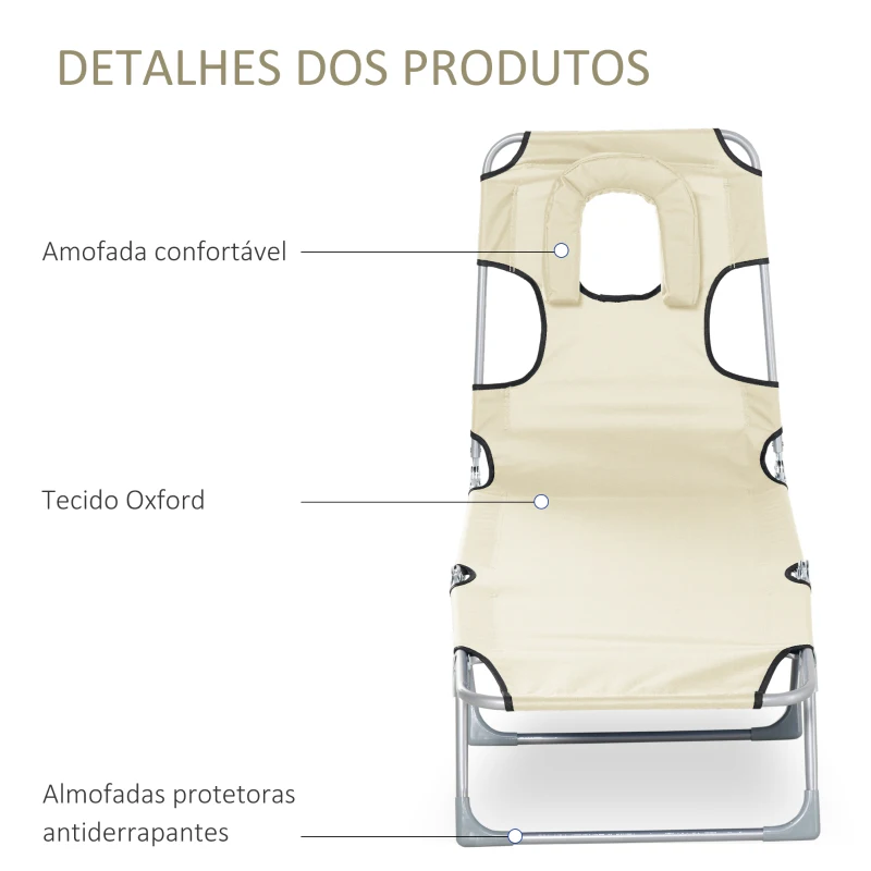 Outsunny Espreguiçadeira de Jardim Reclinável e Dobrável com Orifício de Leitura Apoio para Cabeça e Encosto Ajustável em 4 Níveis para Praia 182x56x24,5 cm Bege