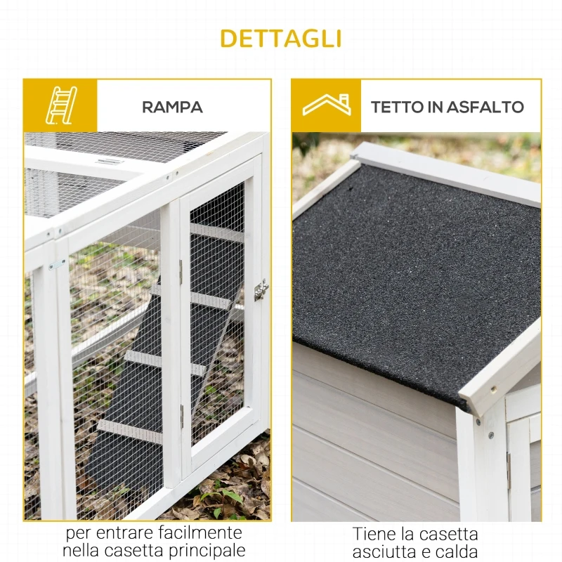 PawHut Conigliera in Legno da Esterno con 2 Casette, Area Aperta Recintata e Rampe, 259x64x92cm, Grigio