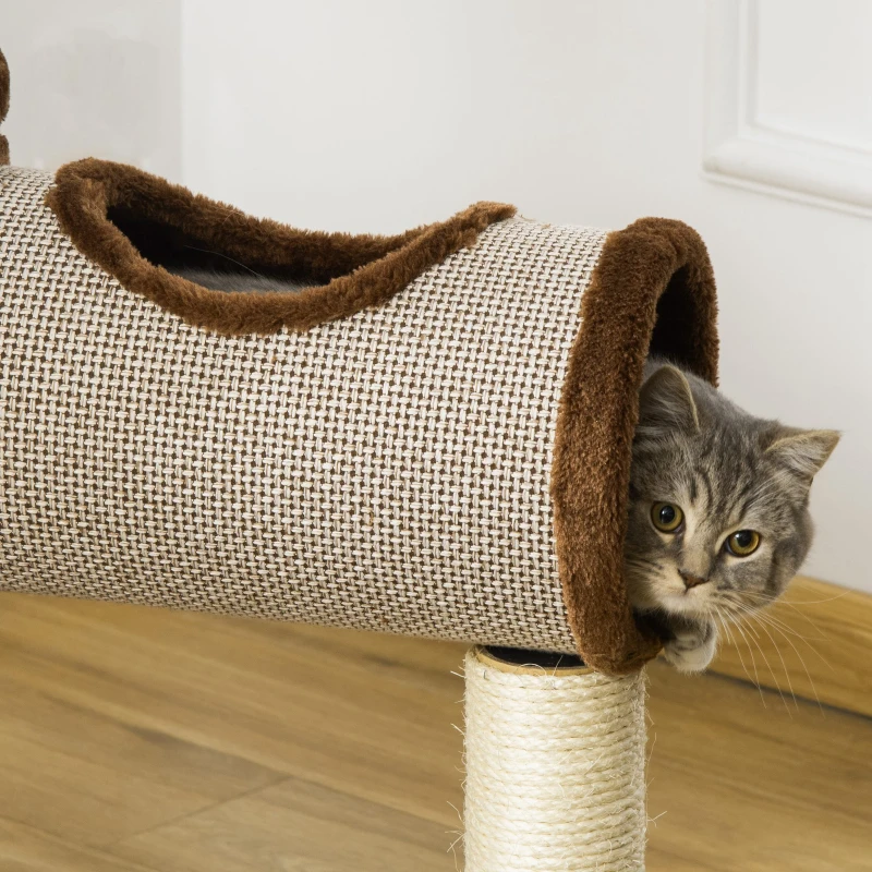 PawHut Árvore Arranhador para Gatos Médios Altura 104cm Torre de Escalada para Gatos com Barril Arranhador Plataforma Superior Túnel Poste de Sisal e Bola Suspensa 75x39x104cm Marrom