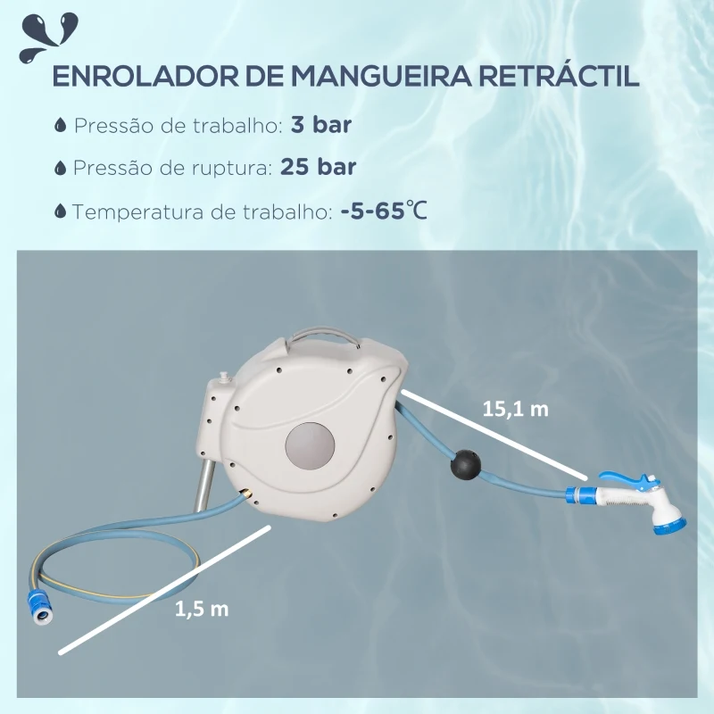 Outsunny Enrolador de Mangueira de Jardim 15,1M+1,5M Mangueira de Rega Montada na Parede Enrolador Automático com 9 Modos de Pulverização 180° Giratório 42,5x20x38cm Cinza
