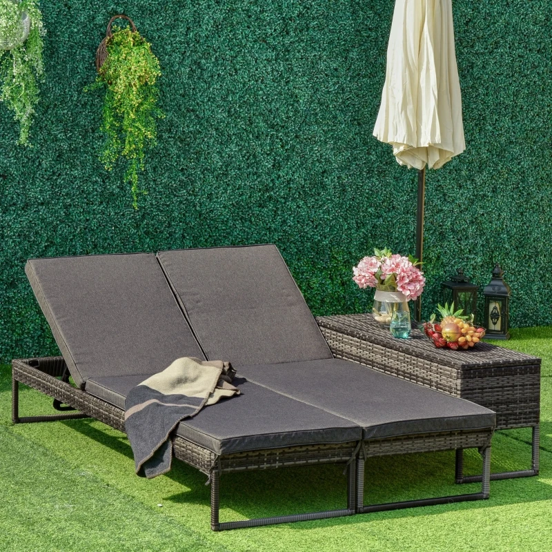 Outsunny PE Rattan 2-Seat Outdoor Garden Sun Lounger Set w/ Table Grey