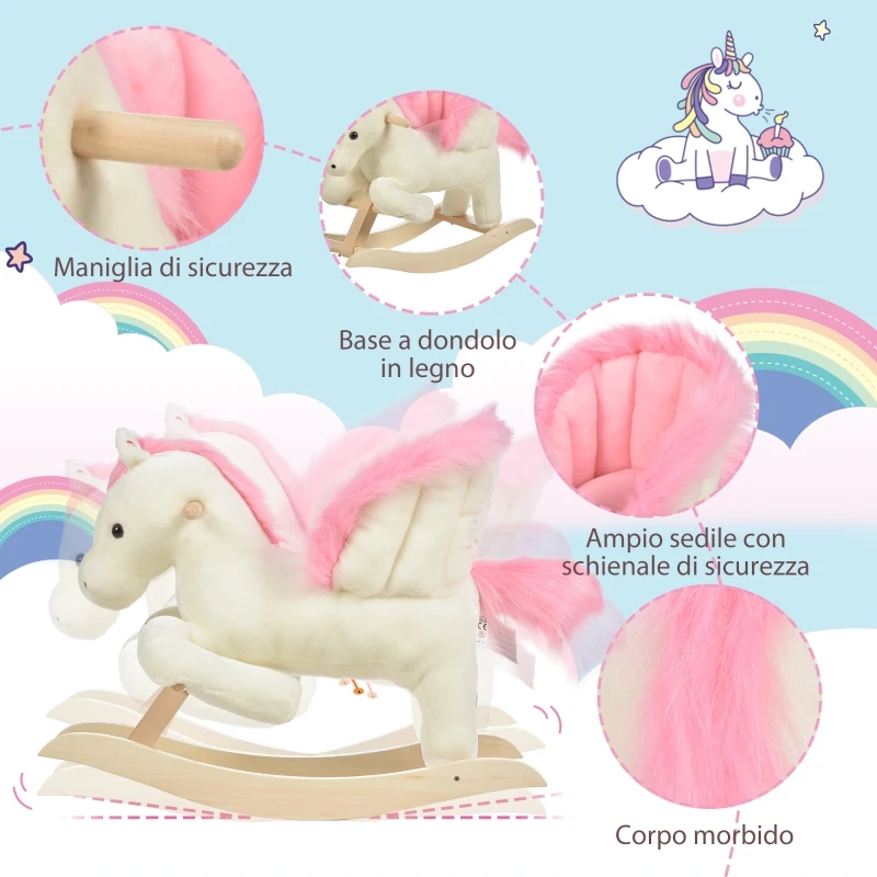 HOMCOM Cavallo a Dondolo Bianco e Rosa con Suoni e Struttura in Legno di Pioppo per Bambini 18-36 Mesi, 70x28x57cm