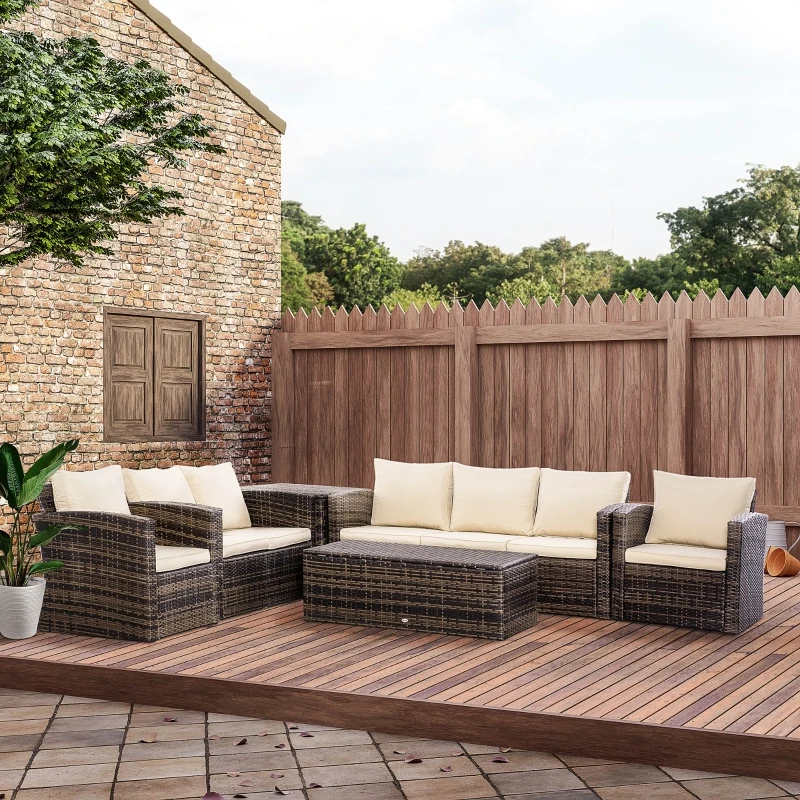 Outsunny Conjunto de Móveis de Jardim de Vime 6 Peças Sofá Duplo de 3 Lugares 2 Poltronas Individuais 2 Mesas Auxiliares com Armazenamento e Almofadas Marrom e Creme