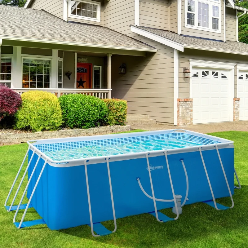 Outsunny Piscina Desmontável Tubular 440x240x122cm Piscina Retangular de Exterior com Purificador 4.000L/H Mangueiras de Comprimento 100cm e Estrutura de Aço 9760L Azul