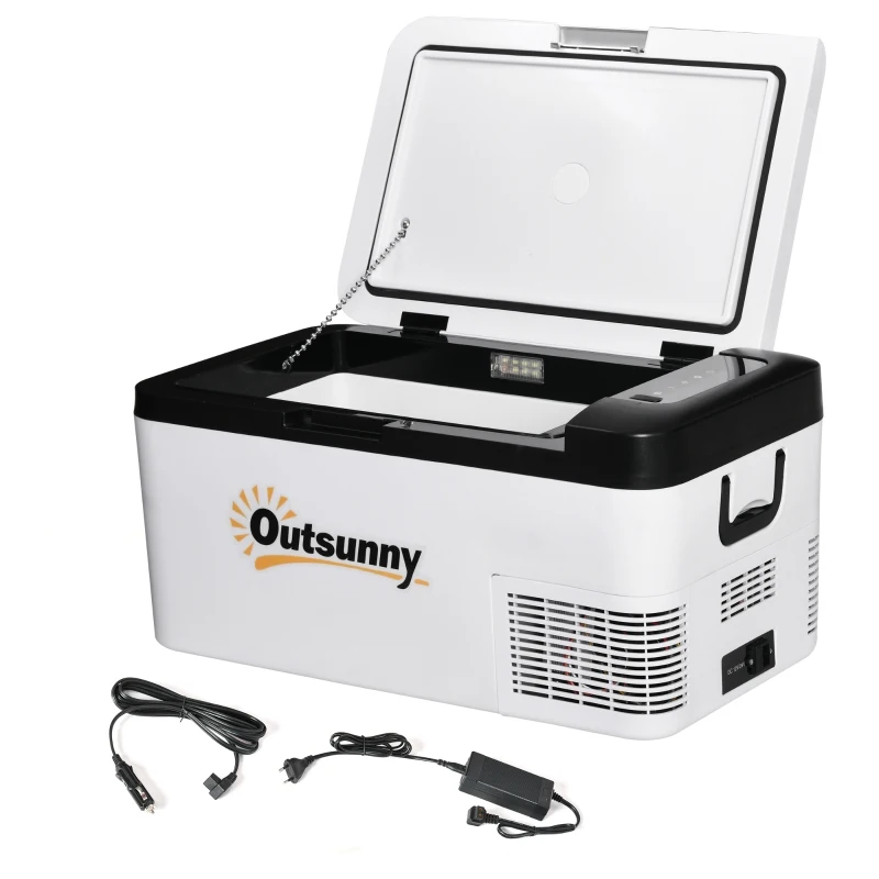 Outsunny Geleira com Compressor 18L Portátil até -20℃ com Luz LED e Alças Dobráveis Geleira de Carro 12V/24V e 240V para Casa Campismo Viagem 58,5x33,5x29,2cm Branco