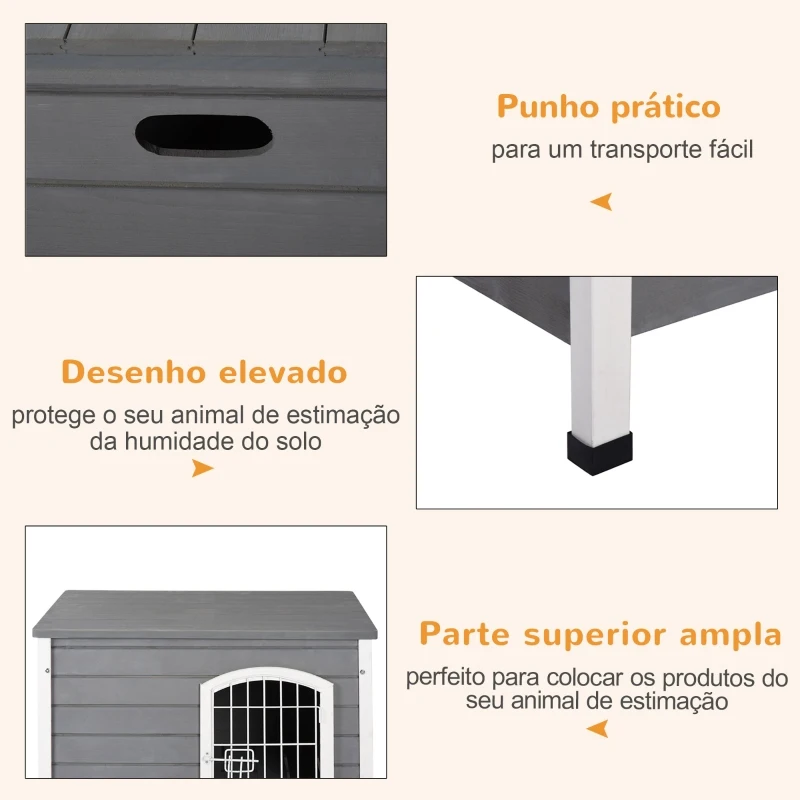 PawHut Casa para Cães de Madeira Gaiola para Animais de Estimação com Porta de Arame com Fechadura e Alças Ocas Laterais para Interior e Exterior 80x55x53,5cm Cinza