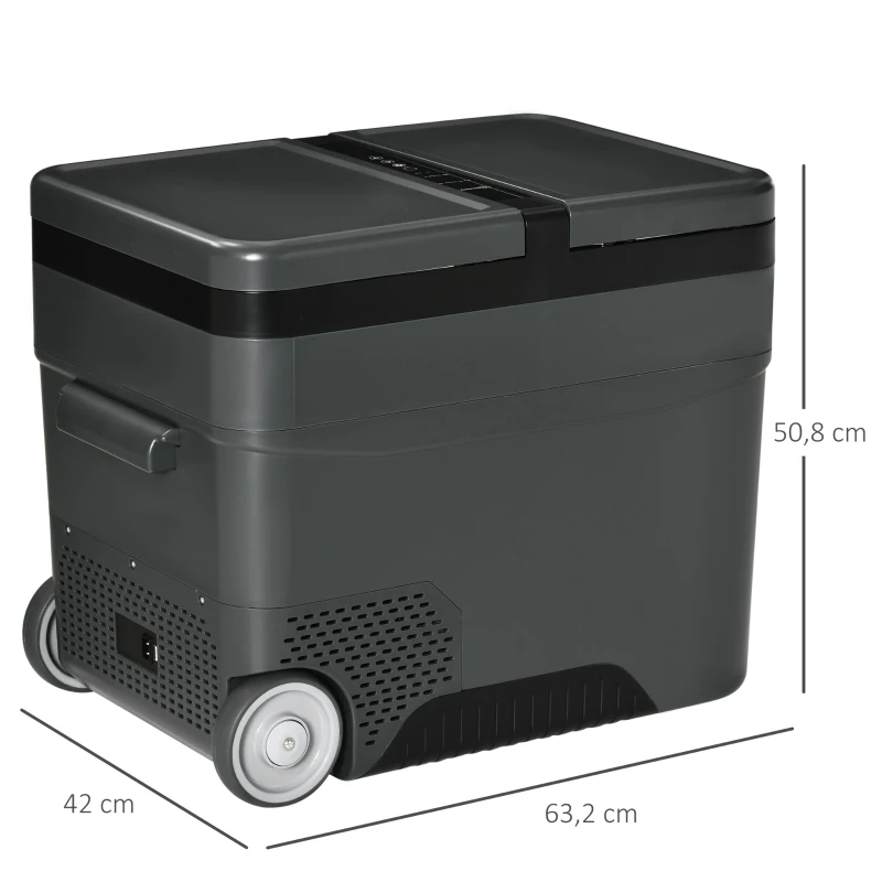 Outsunny Geleira Elétrica de Compressor Portátil 45L Geleira de Carro 12/24V CC com Temperatura de 10℃ a -22℃ Tela LCD Tátil Alças de Transporte e Rodas 63,2x42x50,8cm Cinza