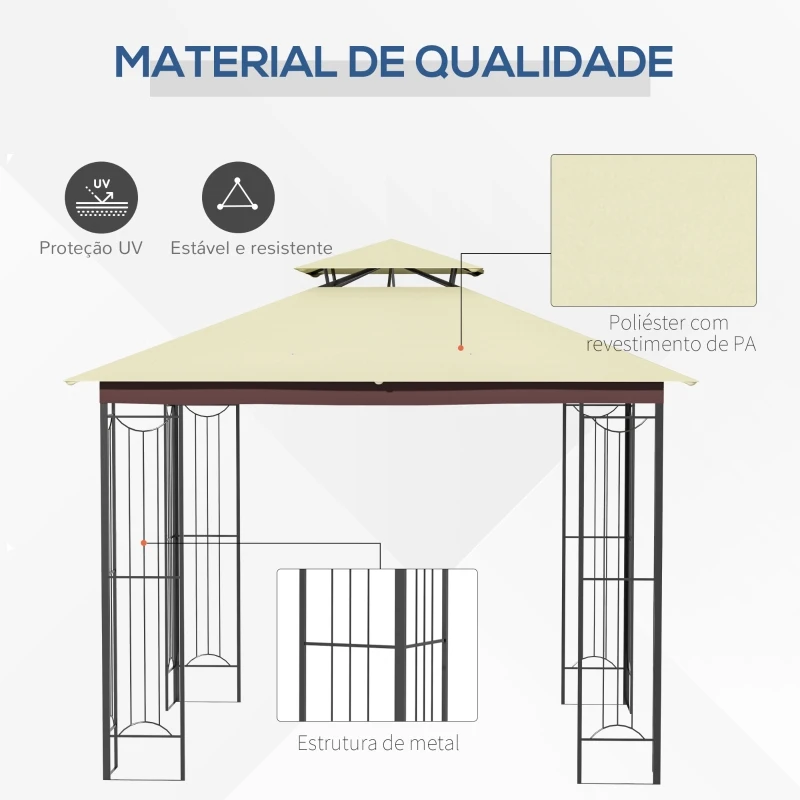 Outsunny Pérgola de Jardim 3x3m para Exterior com Duplo Teto de Ventilação e Estrutura de Aço com Proteção Solar para Festas Eventos ao Ar Livre Bege