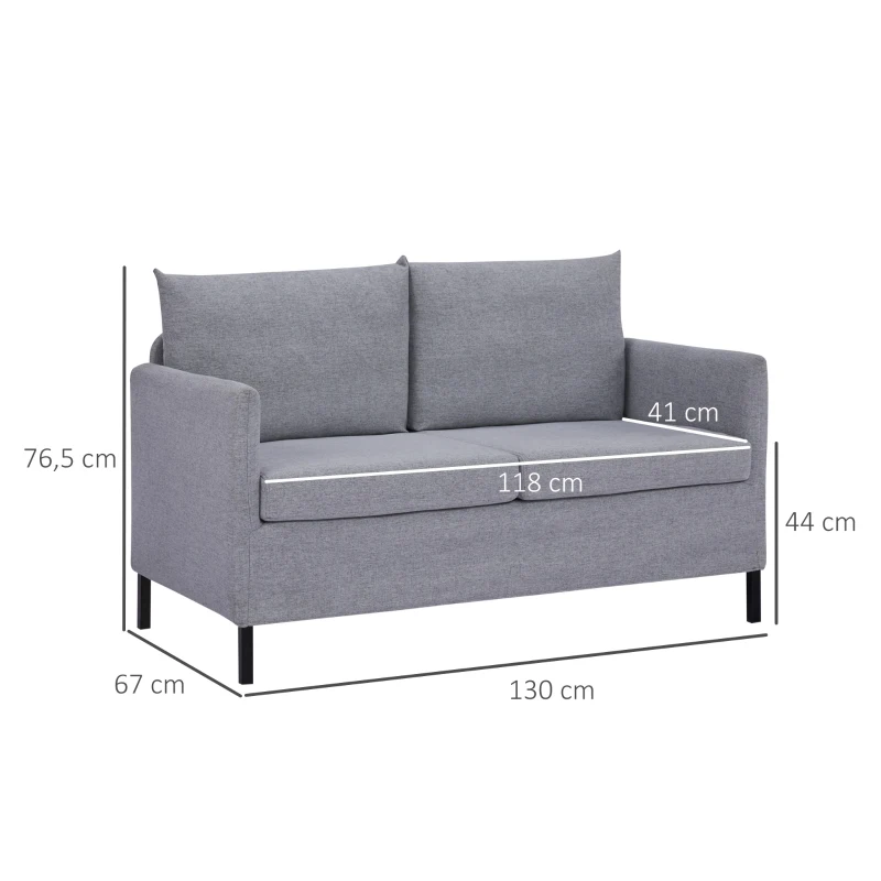 HOMCOM Sofá de 2 Lugares Estofado em Linho Sintético Sofá 2 Lugares de Sala de Estar com Almofadas Acolchoadas Apoio para os Braços e Pés de Aço 130x67x76,5cm Cinza