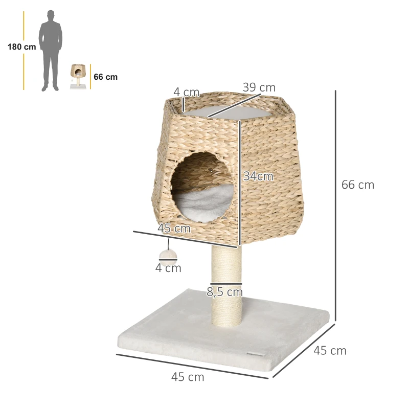 PawHut Árvore Arranhador para Gatos Pequena Altura 66cm Torre de Escalada para Gatos com Caverna de Junco Cama Superior Almofadas Poste Arranhador de Sisal e Bola Suspensa Creme e Natural
