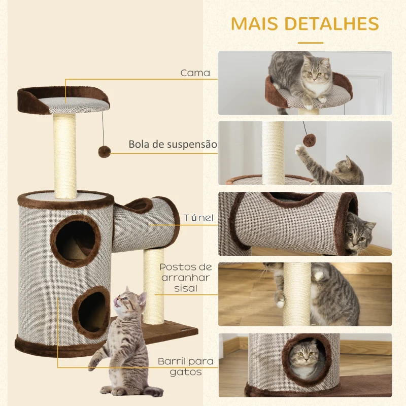 PawHut Árvore Arranhador para Gatos Médios Altura 104cm Torre de Escalada para Gatos com Barril Arranhador Plataforma Superior Túnel Poste de Sisal e Bola Suspensa 75x39x104cm Marrom