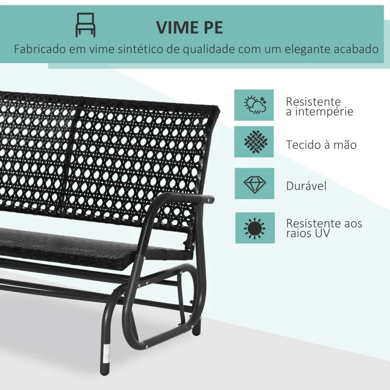 Outsunny Banco Baloiço de Vime de 2 Lugares Baloiço de Jardim com Balanço Ergonómico e Estrutura de Metal para Terraço Balcão Exterior Carga 220kg 70x120x84cm Preto