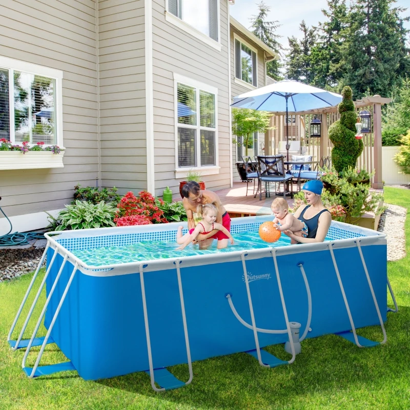 Outsunny Piscina Desmontável Tubular 440x240x122cm Piscina Retangular de Exterior com Purificador 4.000L/H Mangueiras de Comprimento 100cm e Estrutura de Aço 9760L Azul