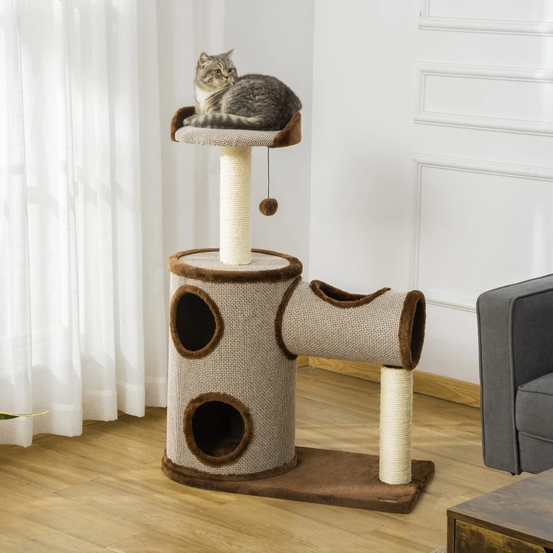 PawHut Árvore Arranhador para Gatos Médios Altura 104cm Torre de Escalada para Gatos com Barril Arranhador Plataforma Superior Túnel Poste de Sisal e Bola Suspensa 75x39x104cm Marrom