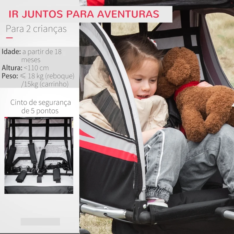 HOMCOM Reboque de Bicicleta para Crianças Min.18 Meses 2 em 1 Carrinho de Passeio de 2 Lugares Segurança 142x75x101 cm Vermelho