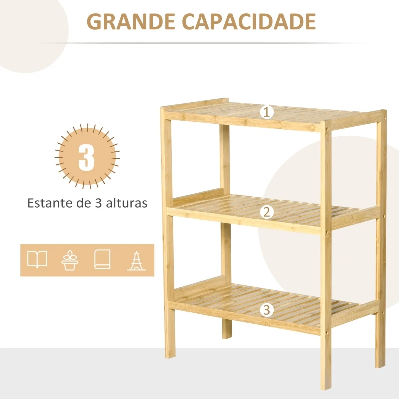 HOMCOM Estante de Bambu de 3 Níveis Móvel Organizador Multifuncional para Casa de Banho Cozinha Sala de Estar 62x33x80cm Natural