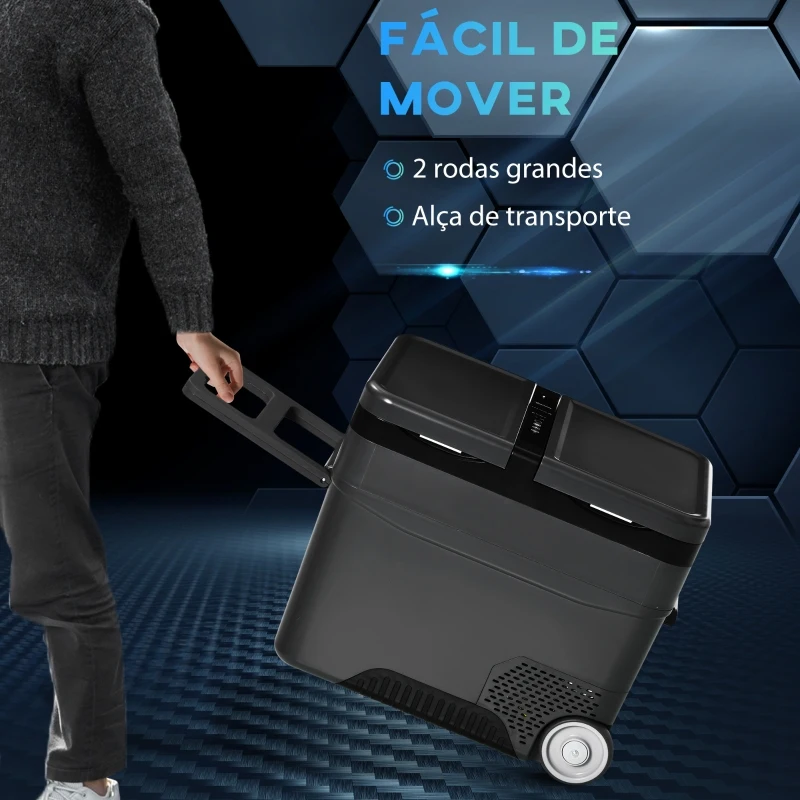 Outsunny Geleira Elétrica de Compressor Portátil 45L Geleira de Carro 12/24V CC com Temperatura de 10℃ a -22℃ Tela LCD Tátil Alças de Transporte e Rodas 63,2x42x50,8cm Cinza