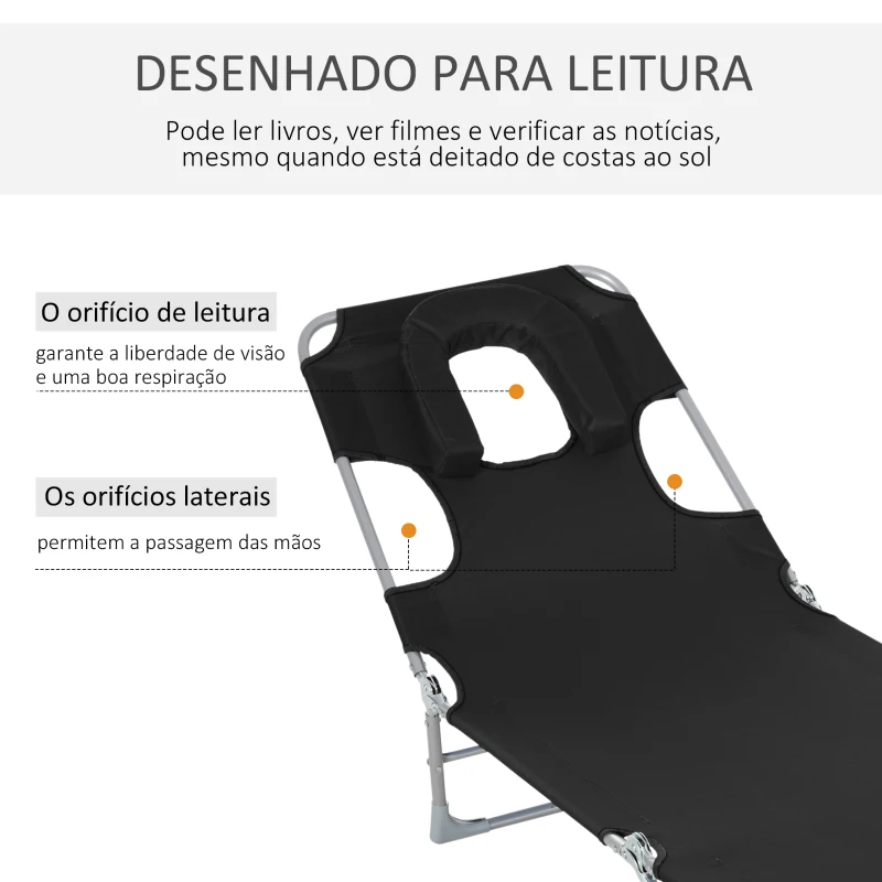 Outsunny Espreguiçadeira de Jardim Reclinável e Dobrável com Orifício de Leitura Apoio para Cabeça e Encosto Ajustável em 4 Níveis para Praia 182x56x24,5 cm Preto