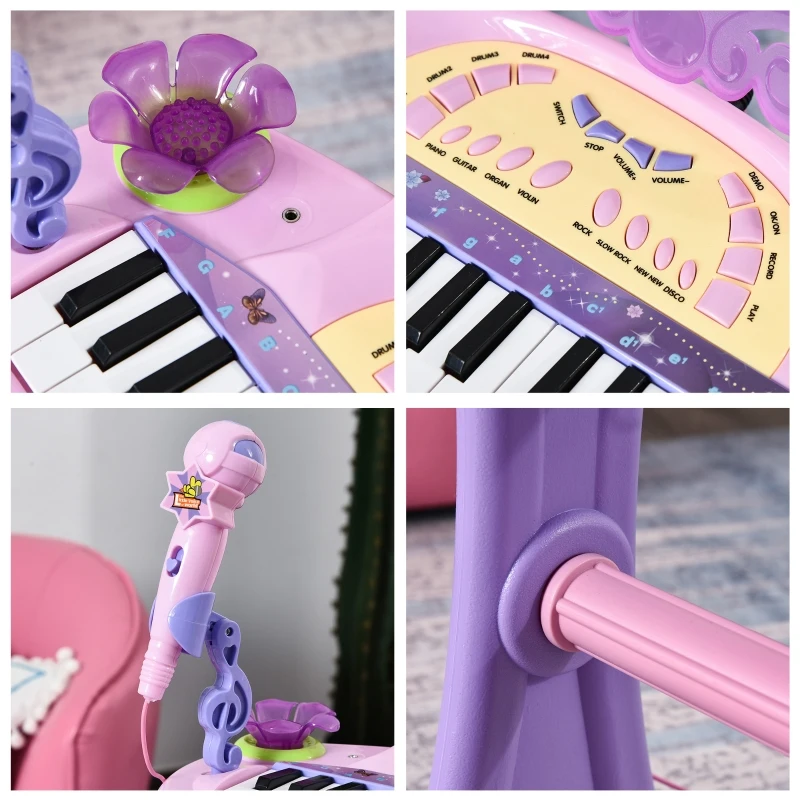 HOMCOM Piano Eléctrico Infantil 32 Teclas Piano Infantil com Microfone Banquinho Luzes Ritmos Sons MP3 Karaoke  Rosa