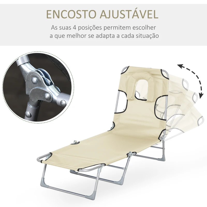 Outsunny Espreguiçadeira de Jardim Reclinável e Dobrável com Orifício de Leitura Apoio para Cabeça e Encosto Ajustável em 4 Níveis para Praia 182x56x24,5 cm Bege