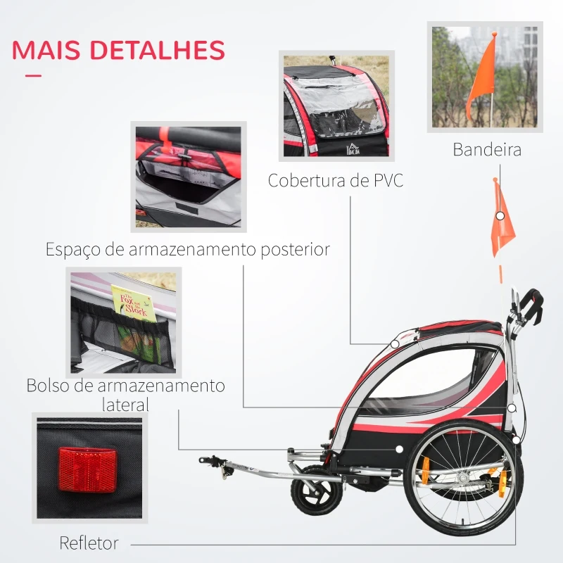 HOMCOM Reboque de Bicicleta para Crianças Min.18 Meses 2 em 1 Carrinho de Passeio de 2 Lugares Segurança 142x75x101 cm Vermelho
