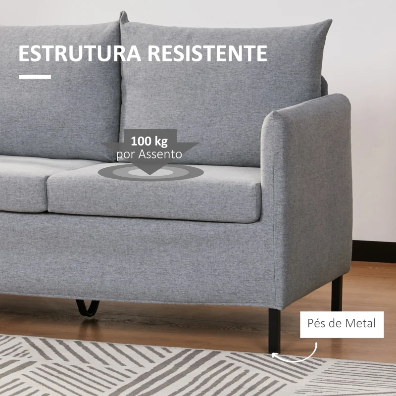 HOMCOM Sofá de 2 Lugares Estofado em Linho Sintético Sofá 2 Lugares de Sala de Estar com Almofadas Acolchoadas Apoio para os Braços e Pés de Aço 130x67x76,5cm Cinza