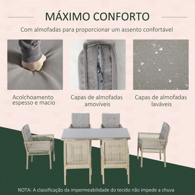 Outsunny Conjunto de Jardim Refeição de 7 Peças com 1 Mesa de Vidro e 6 Cadeiras de Vime Cinza e Natural