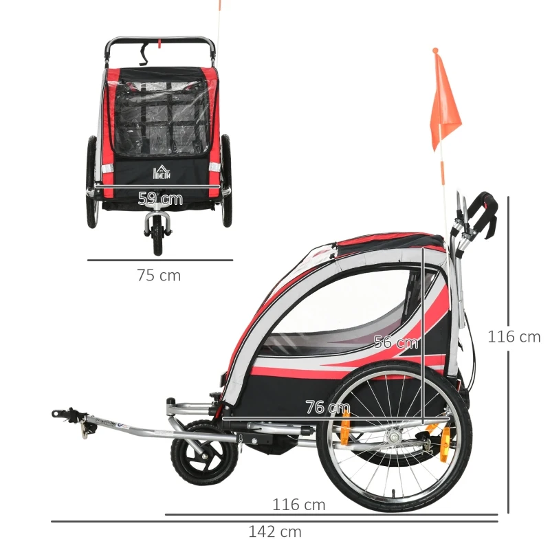HOMCOM Reboque de Bicicleta para Crianças Min.18 Meses 2 em 1 Carrinho de Passeio de 2 Lugares Segurança 142x75x101 cm Vermelho