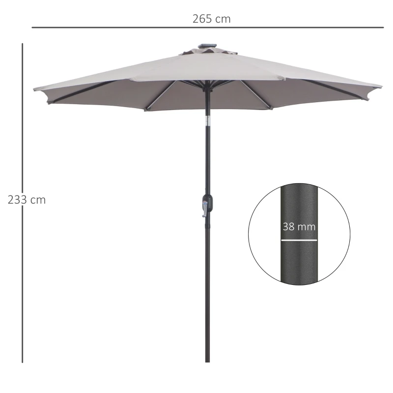 Outsunny Chapéu de Sol com 32 Luzes LED Solares Ø265x233cm Chapéu de Sol Inclinável com Manivela e Mastro de Aço para Terraço Pátio Exterior Cinza