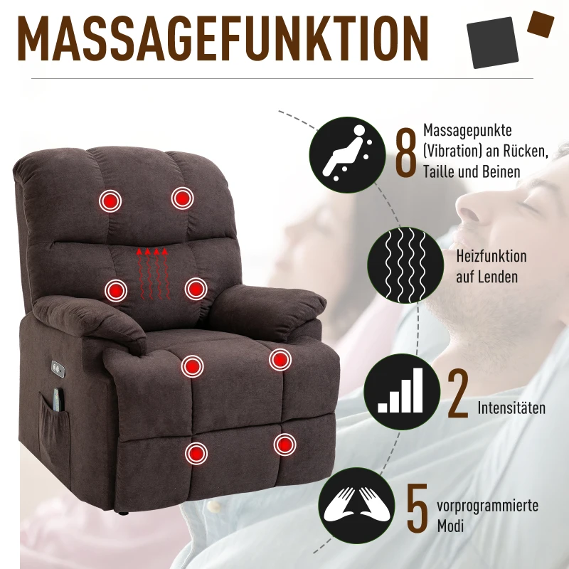 HOMCOM massagestoel opstahulp relaxstoel met verwarmingsfunctie verstelbaar USB-afstandsbediening kort pluche bruin 83 x 95 x 105 cm(m-5)