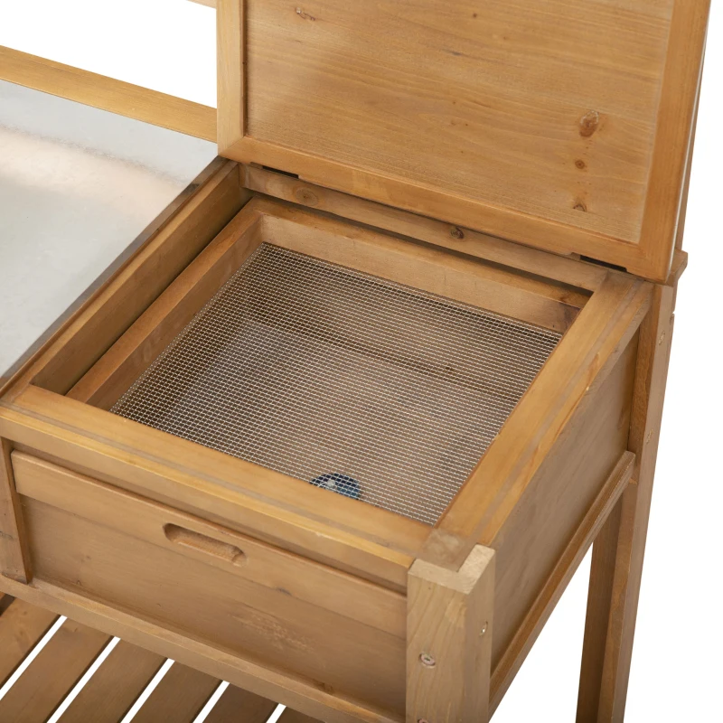 Outsunny plantentafel met gegalvaniseerd werkblad tuintafel voor tuin, balkon en terras met plank, bloemenplank, bloemenstandaard van dennenhout, natuurlijk metaal 80 x 42 x 142 cm