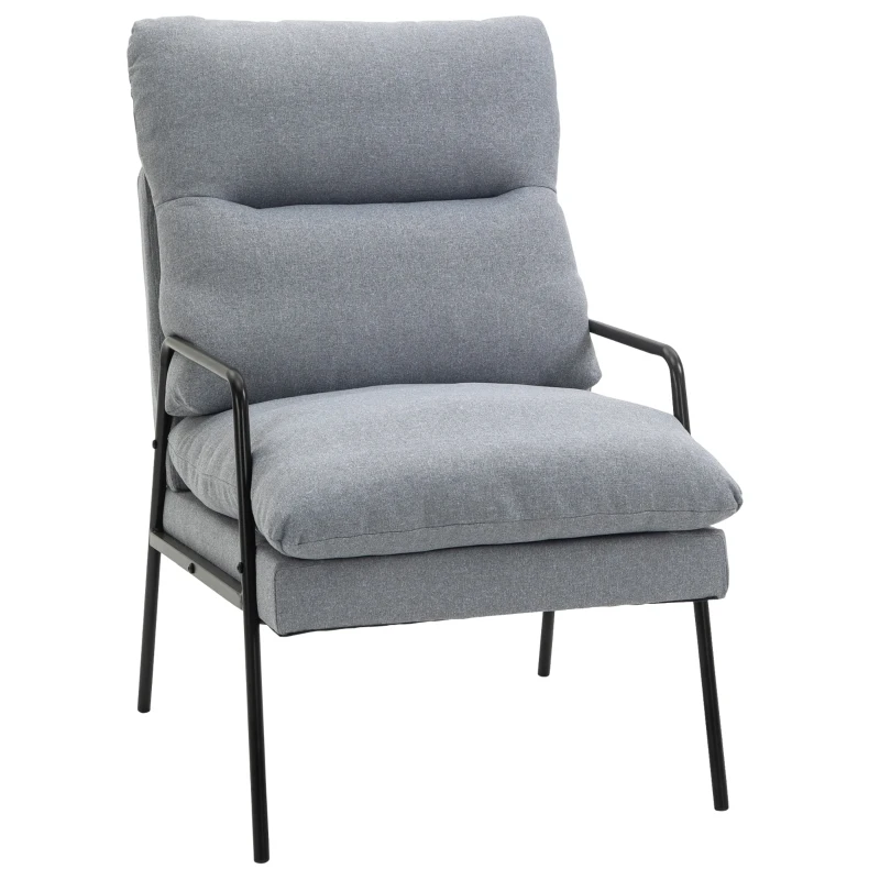HOMCOM woonkamer stoel bureaustoel gestoffeerde stoel fauteuil eetkamerstoel met rugleuning schuim, linnenachtig polyester metaal grijs + zwart 61 x 76 x 96 cm