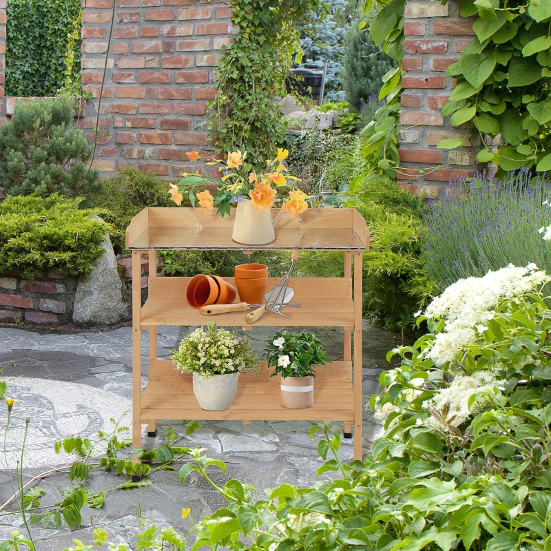 Planttafel met metalen werkblad tuiniertafel bloementafel tuin hout