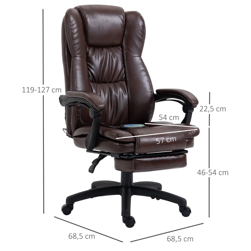Vinsetto bureaustoel stoel directiestoel draaibare stoel met massagefunctie ligfunctie kunstleer schuimstof PP kunststof nylon bruin 68,5 x 68,5 x 119-127 cm(m-3)