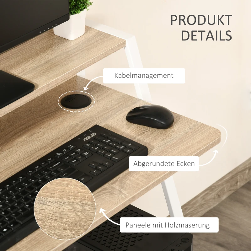 HOMCOM bureau, computertafel, bureau, werktafel met kabeldoorvoer, lade, MDF metaal wit + eik 84 x 45 x 85 cm