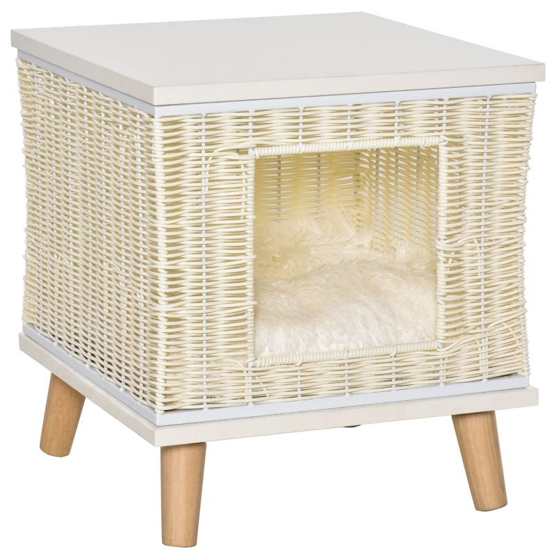 PawHut kattengrot van rotan met kussen kattenslaapplaats natuurlijke nerfkleur rotan kattenmand kattenhuis kattenhut kattenbed huisdierbed PE rotan MDF beige + wit + naturel 36 x 36 x 40 cm