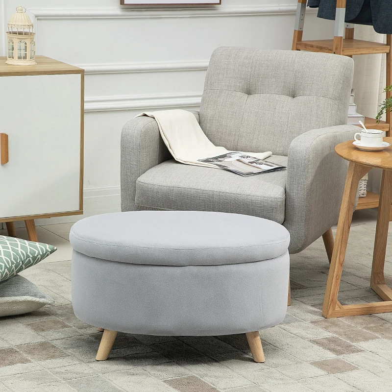 HOMCOM bank gestoffeerde bank met opbergruimte ovale vorm moderne kruk hal slaapkamer woonkamer fluweelzacht polyester rubber hout lichtgrijs 71 x 51,5 x 42 cm