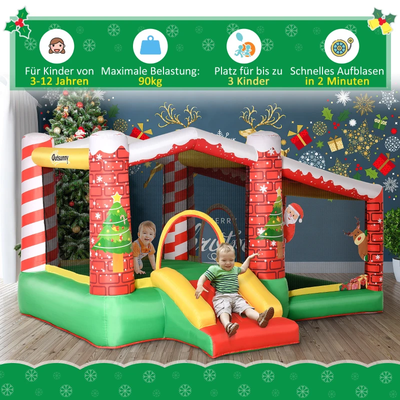 Outsunny kerstmis opblaasbaar springkasteel met waterbassin trampoline kleine glijbaan voor 3 kinderen springkasteel met blazer voor 3-8 jaar kleuterschool Oxford stof polyester rood + groen 325 x 270 x 175 cm