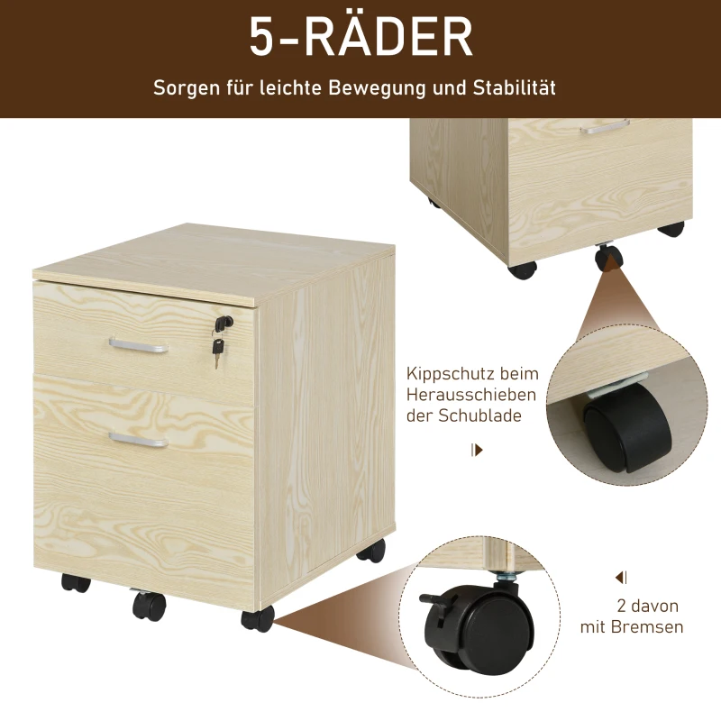 Vinsetto ladeblok archiefkast kantoorcontainer met 2 lades 2 sleutels kantoorkast opbergruimte, ladeblok 5 universele wielen spaanplaat naturel 40 x 44 x 54,6 cm