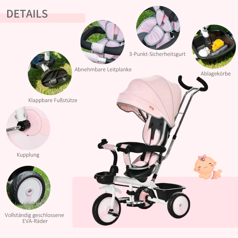 HOMCOM 2 in 1 driewieler kinderwagen omkeerbaar verstelbaar afneembaar handvat luifel leuning opbergen voetsteun koppeling PP kunststof metaal fluweelachtig polyester roze + wit 100 x 48 x 106 cm